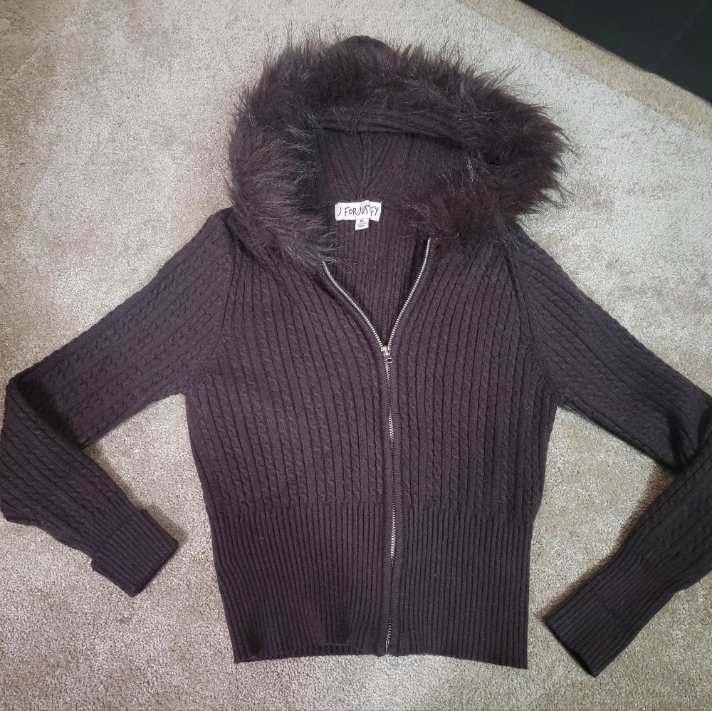 Brown Hooded Fur Sweater Juniors Xl